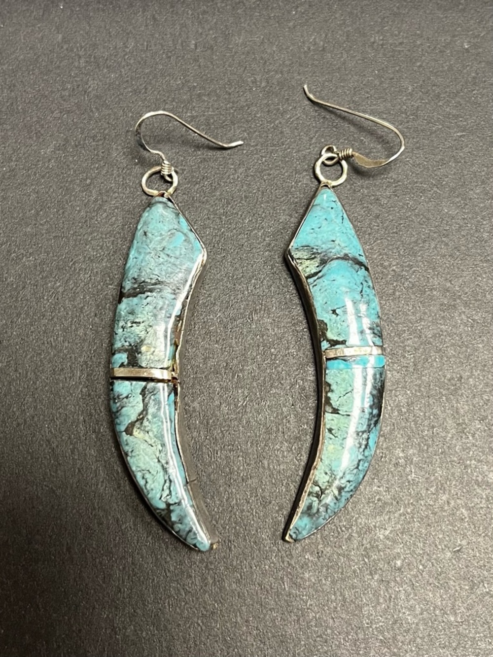 Gorgeous Turquoise Inlay Sterling 6mm Crescent Drop Earrings - Blue Stone Hooks